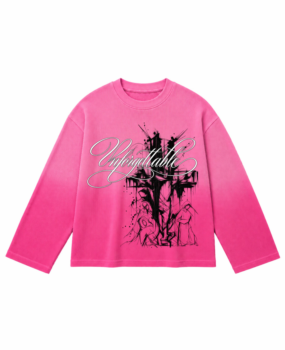 Pink Ombré Waffle Knit Oversized Full-Sleeve Front Design